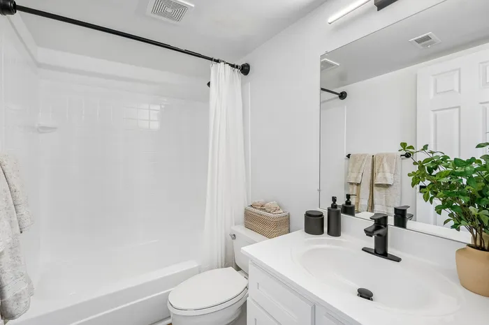 Elegant modern bathroom featuring a pristine white bathtub, stylish black fixtures, and a lush green plant accentuating a calming atmosphere.