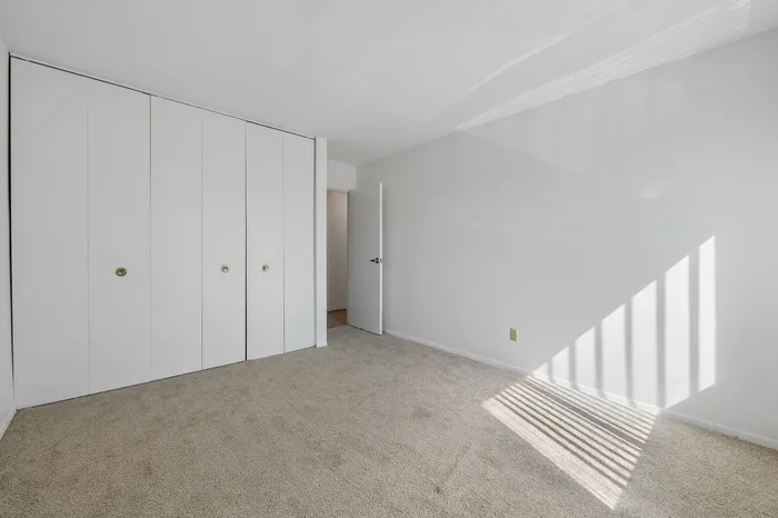 Bright bedroom with floor-to-ceiling closet space, neutral carpet, and natural light streaming in from large windows.