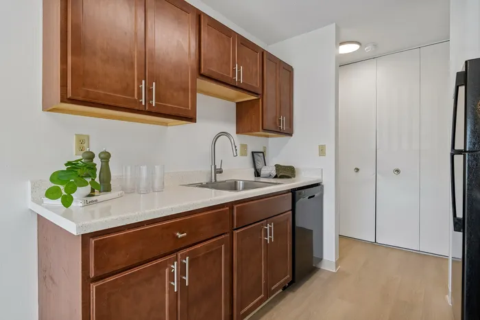 Sleek kitchen with rich wooden cabinets, modern fixtures, and stainless steel appliances creating a warm, inviting atmosphere.