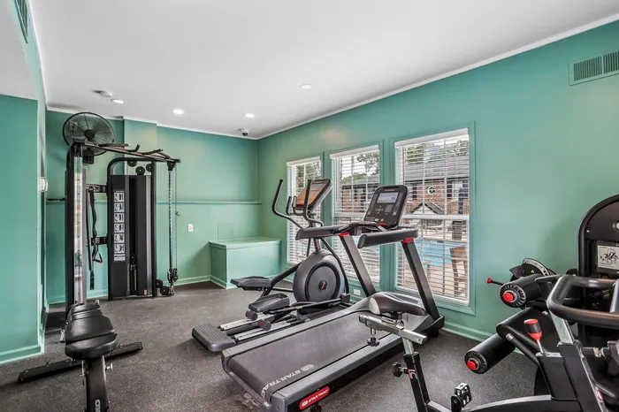 Bright and modern gym with high-quality exercise equipment, featuring a treadmill and cycling machine, complemented by large windows with pool views.