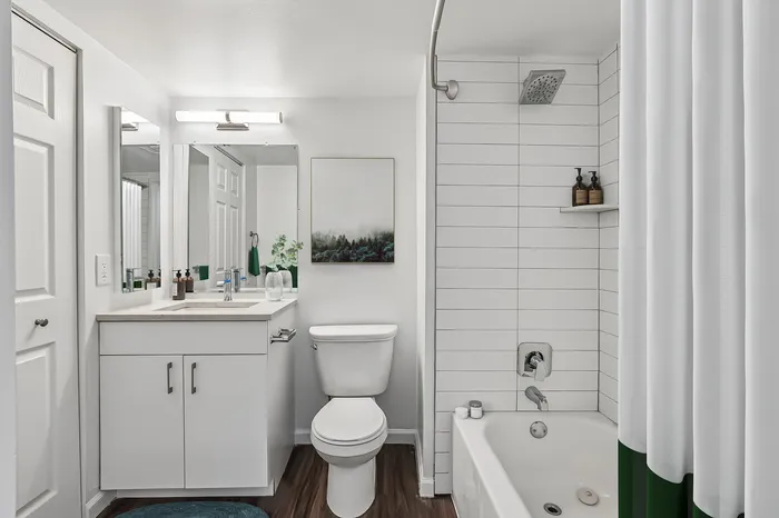 Modern bathroom with elegant fixtures, featuring a sleek vanity, spacious mirror, and inviting bath area with contemporary decor.