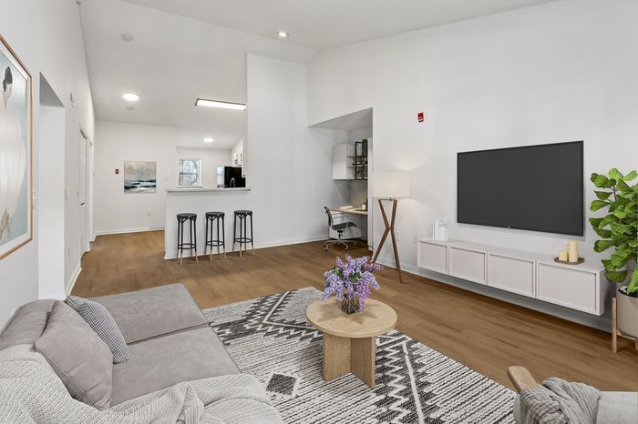 Modern open-concept living space with cozy seating, large flat-screen TV, and a chic kitchen with barstool seating.