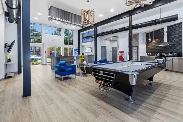 Chic modern lounge area with a pool table, stylish seating, and open-concept kitchen featuring stainless steel appliances.