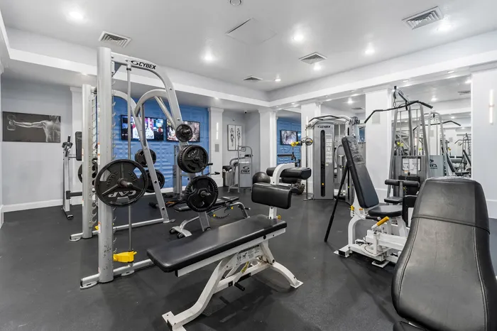 Modern exercise facility with state-of-the-art gym equipment, bright and spacious layout, and inviting decor.