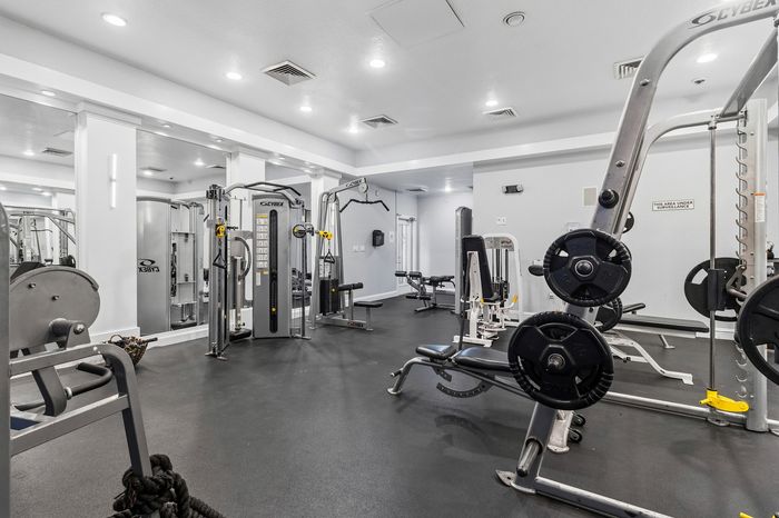 Modern fitness center with a range of high-end exercise equipment, including weight machines and cardio stations, in a bright and spacious setting.