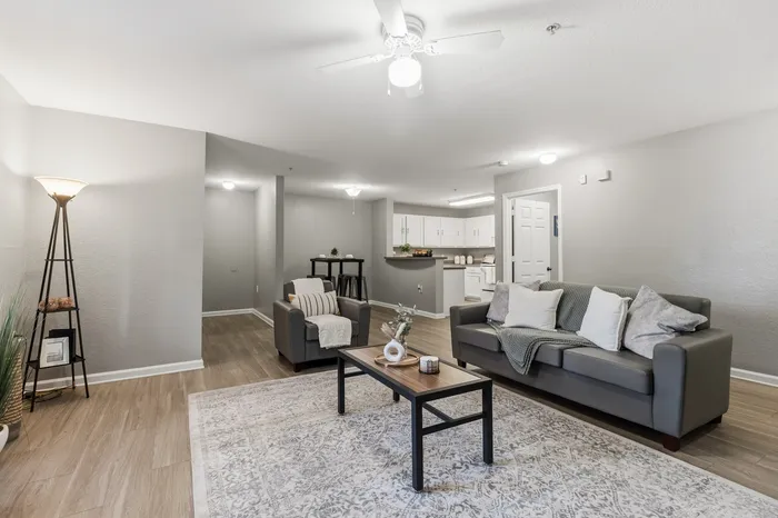 Modern open-concept living room featuring sleek gray sofas, a stylish coffee table, and a contemporary kitchen in a bright, inviting space.