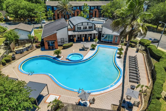 Breathtaking aerial view of a luxurious pool area with a unique design, surrounded by palm trees and modern amenities, creating an ideal relaxation spot in a vibrant community.