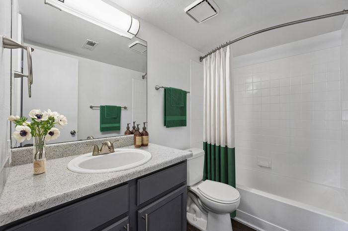 Elegant bathroom with sleek fixtures, featuring a white shower curtain, modern lighting, and a granite countertop adorned with fresh flowers.