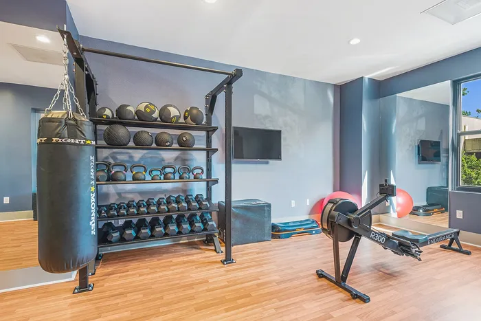 Modern fitness room featuring a variety of equipment including a punching bag, dumbbells, kettlebells, medicine balls, and a rowing machine on sleek wood flooring.