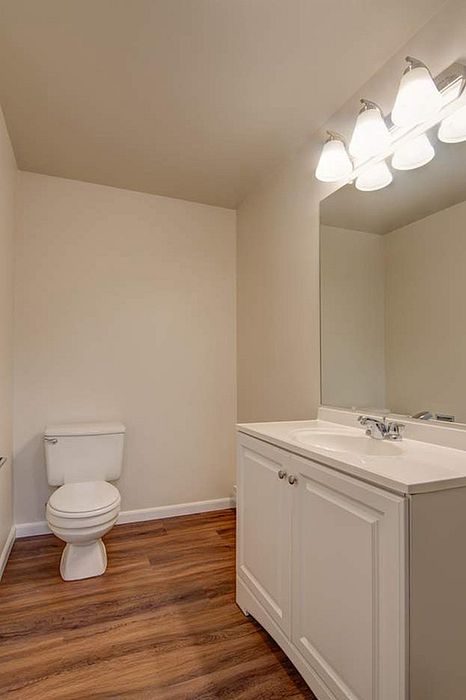 Modern bathroom with elegant fixtures, warm wood flooring, and ample lighting.