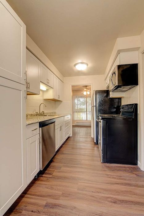 Elegant galley kitchen with modern appliances, granite countertops, and sleek cabinetry, showcasing a warm and inviting ambiance.