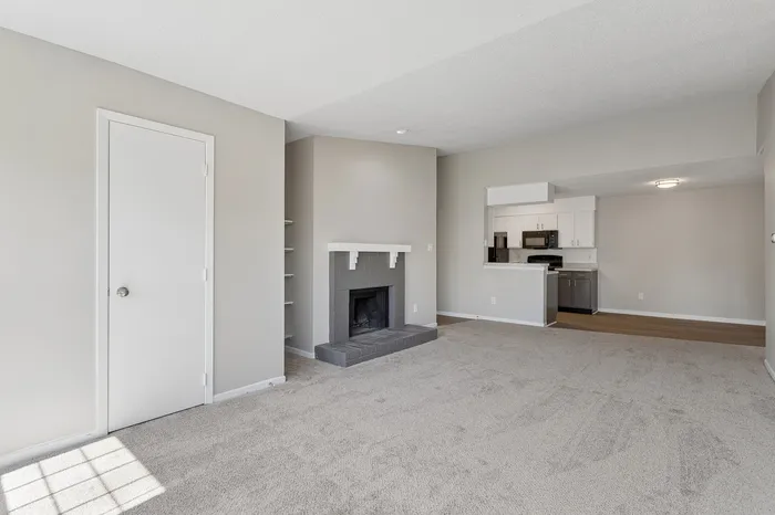 Bright and spacious living room featuring a contemporary fireplace, plush carpeting, and a modern open-concept kitchen.