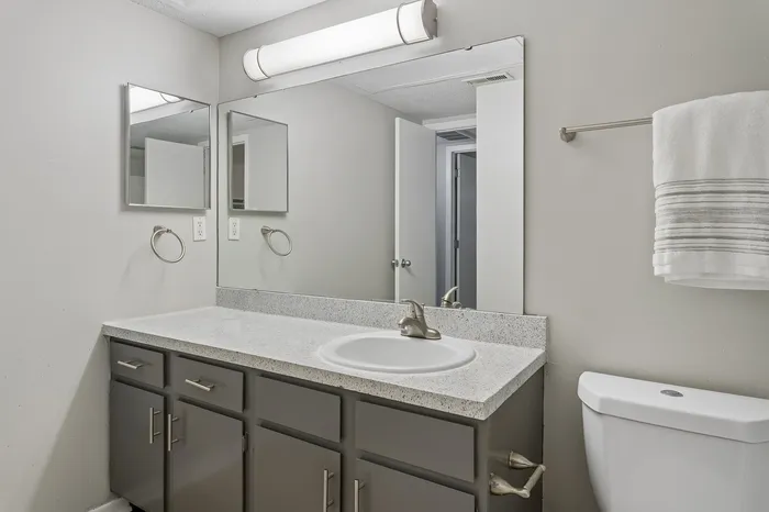 Modern bathroom with sleek granite countertop, elegant fixtures, and a large mirror, offering a stylish and clean look.