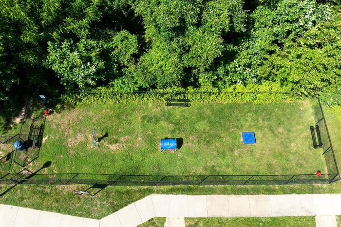 Vibrant aerial view of spacious fenced dog park with agility tunnel, enticing natural greenery, and a pathway perfect for pet owners.