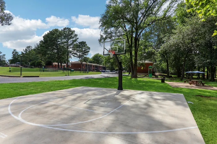 Outdoor basketball court surrounded by lush greenery and modern apartment buildings under a bright blue sky.