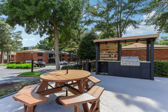 Charming outdoor space with a modern barbecue grill and picnic table under lush trees, perfect for entertaining.