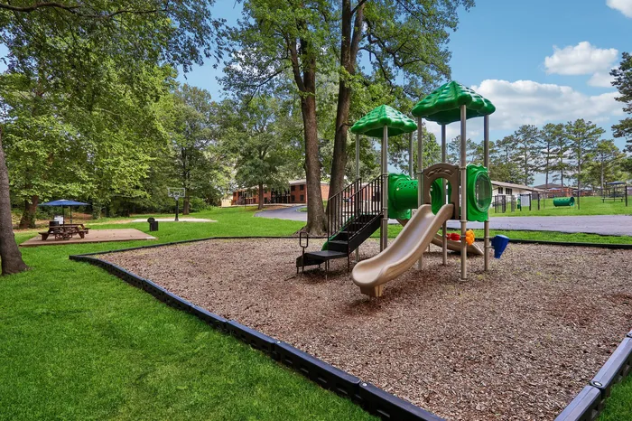Charming outdoor playground with vibrant green play structures set amidst lush trees and a picnic area.
