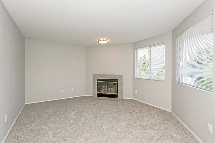 Bright and inviting living room with plush carpet, large windows, and a cozy fireplace.