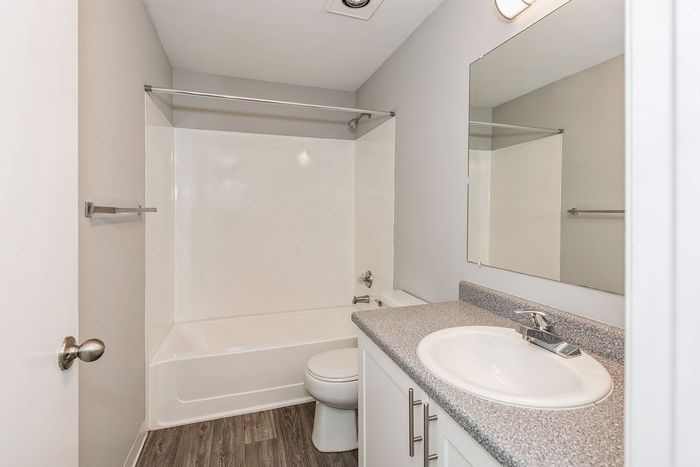 Modern bathroom with sleek fixtures, elegant vanity, and a spacious tub-shower combo, offering a serene space for relaxation.