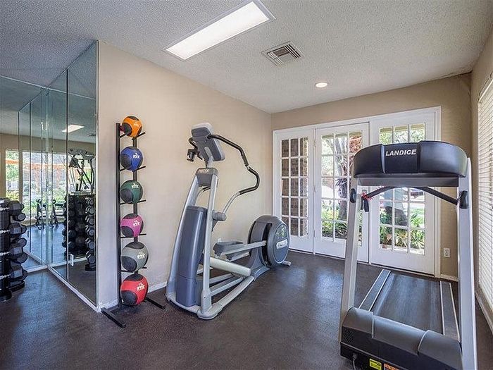 Inviting home gym featuring modern treadmill and elliptical, mirrored wall, and vibrant exercise balls.