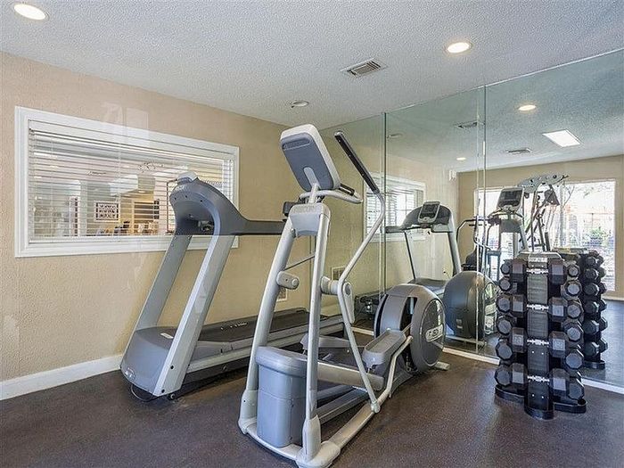 Inviting home gym featuring modern treadmill and elliptical, mirrored wall, and vibrant exercise balls.