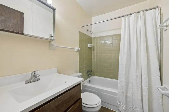 Bright and inviting bathroom featuring a sleek white sink, elegant mirror cabinet, and a classic shower-tub combination with light green tiles.