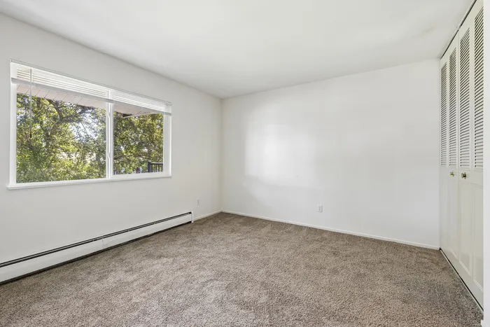 Bright and airy bedroom with plush carpeting and large window offering serene tree views.