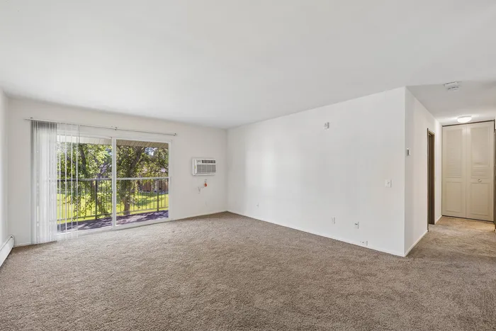 Bright, spacious living room with plush carpet and large window overlooking lush greenery.