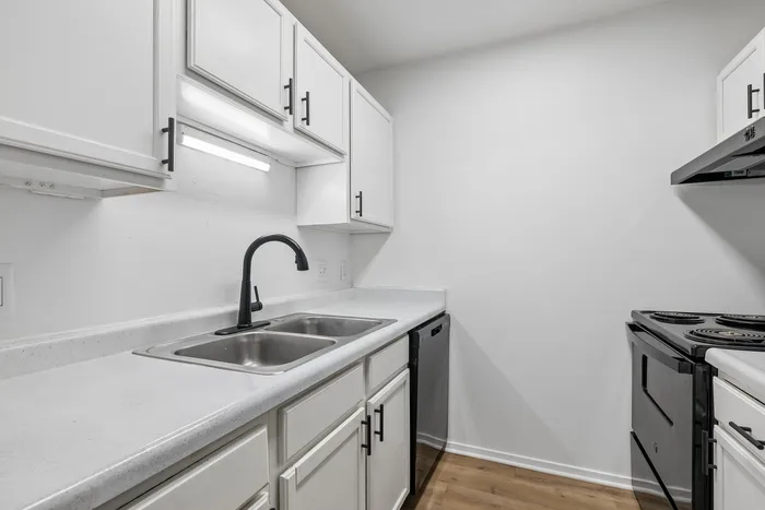 Modern kitchen with sleek black appliances, bright white cabinetry, and elegant under-cabinet lighting.