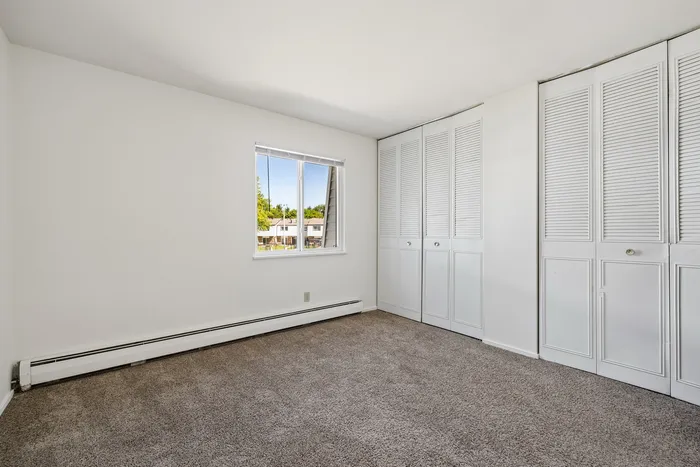 Bright and spacious bedroom with plush carpet and ample closet space, offering a tranquil view from the window.