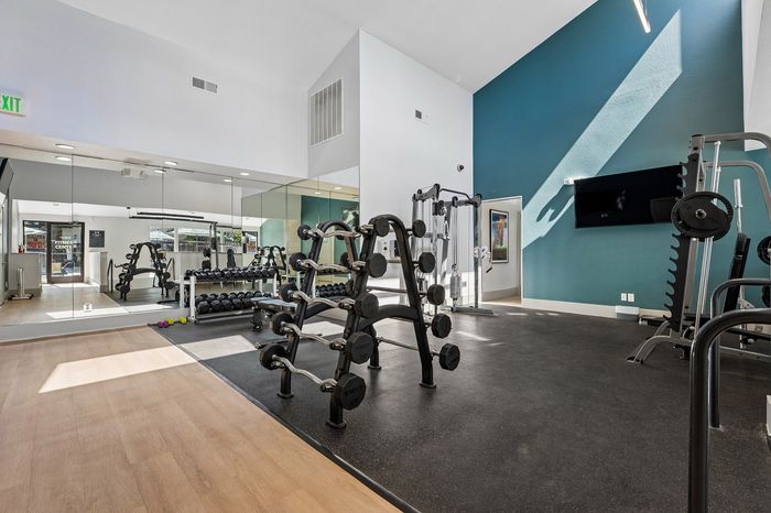 Modern fitness center with sleek gym equipment, mirrored walls, and vibrant decor.