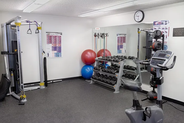 Modern fitness center equipped with state-of-the-art exercise machines, free weights, and yoga balls, designed for a complete workout experience.