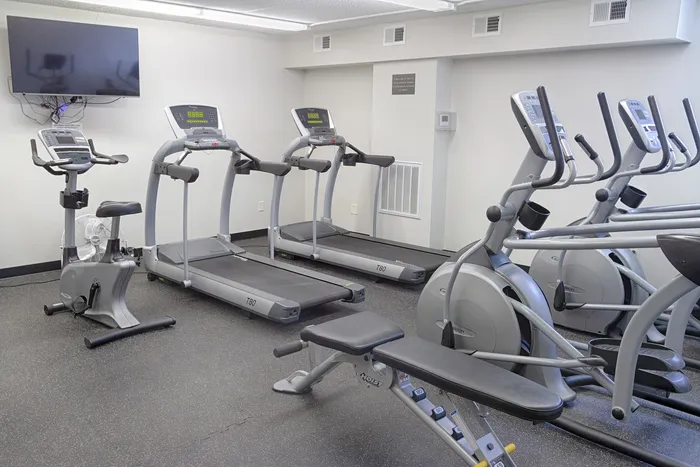 Modern fitness center equipped with state-of-the-art treadmills, exercise bikes, and elliptical machines, offering a bright and inviting space for an energizing workout.