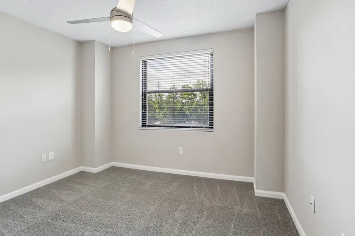 Bright and airy empty room with plush carpet, modern ceiling fan, and large window offering scenic views.