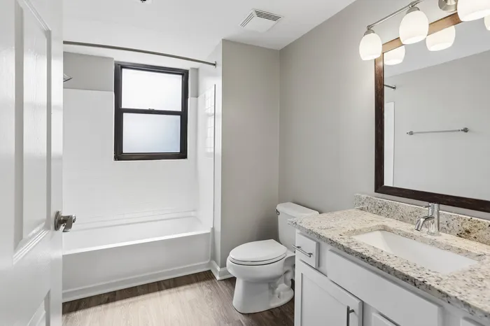 Elegant bathroom with modern fixtures, featuring a granite countertop, large mirror, and a window for natural light.