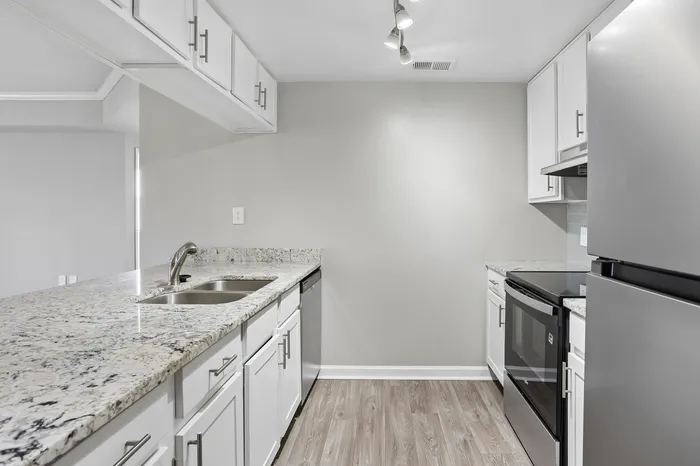 Modern kitchen with sleek granite countertops, stainless steel appliances, and elegant cabinetry, designed for contemporary living.
