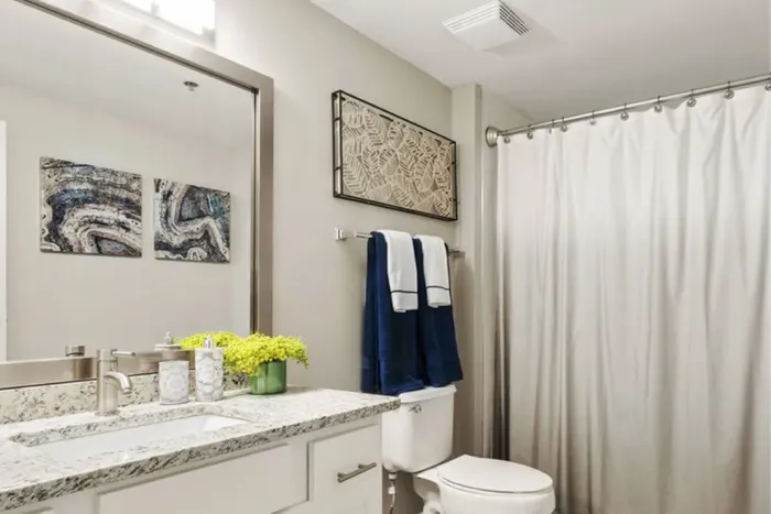 Elegant bathroom with modern granite countertop, stylish artwork, and plush navy towels, offering a serene and sophisticated ambiance.