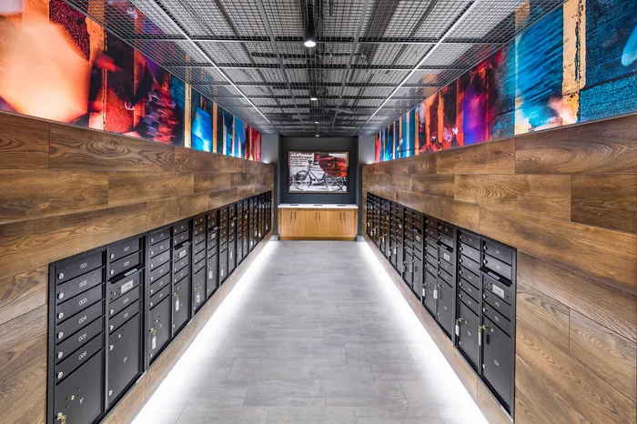 Contemporary apartment mailroom with sleek metallic mailboxes, wood panel accents, and vibrant modern artwork.