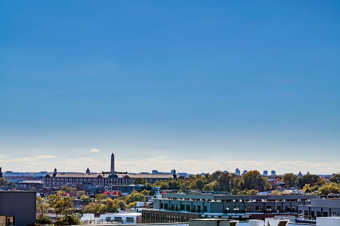 Breathtaking urban skyline view with lush greenery, modern architecture, and a clear blue sky.