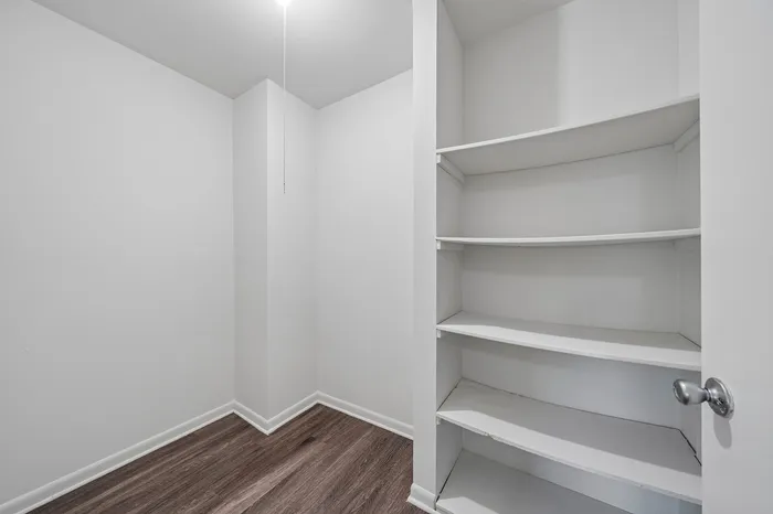 Spacious walk-in closet with built-in shelving, offering ample storage and modern design.