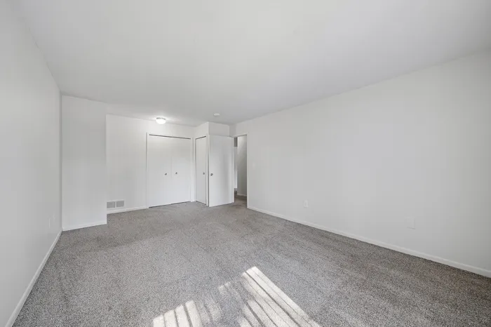 Spacious and bright carpeted room with storage closets, illuminated by natural light through a large window.