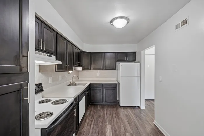 Elegant kitchen featuring dark cabinetry, modern appliances, and stylish wood flooring, perfect for culinary enthusiasts.