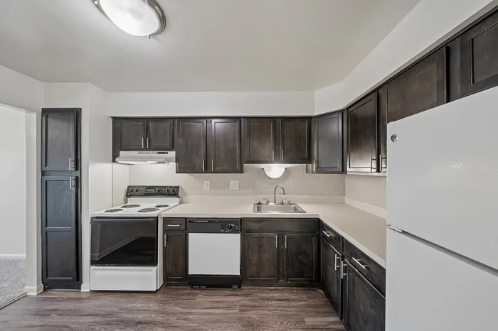 Modern kitchen with sleek dark cabinetry, elegant countertops, and stainless steel appliances for a sophisticated touch.