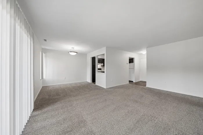 Bright and airy open-concept living area with plush carpet and modern kitchen in a sleek apartment setting.