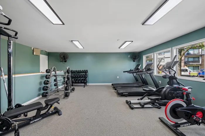 Modern fitness studio with state-of-the-art equipment, including treadmills, elliptical, stationary bike, and extensive dumbbell rack, set in a bright, inviting space.