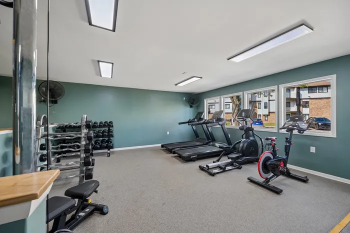 Modern fitness room with treadmills, stationary bikes, and a well-equipped weight rack in a bright, inviting space.