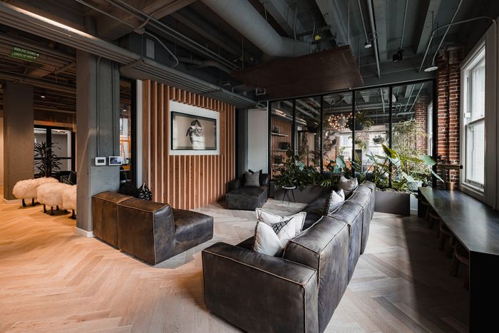 Chic modern living area with industrial design, lush greenery, and cozy leather seating. Natural light floods the stylish loft-style space complemented by sophisticated decor and warm wood accents.