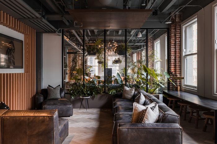 Chic urban living room with lush indoor plants, leather seating, and industrial design elements.