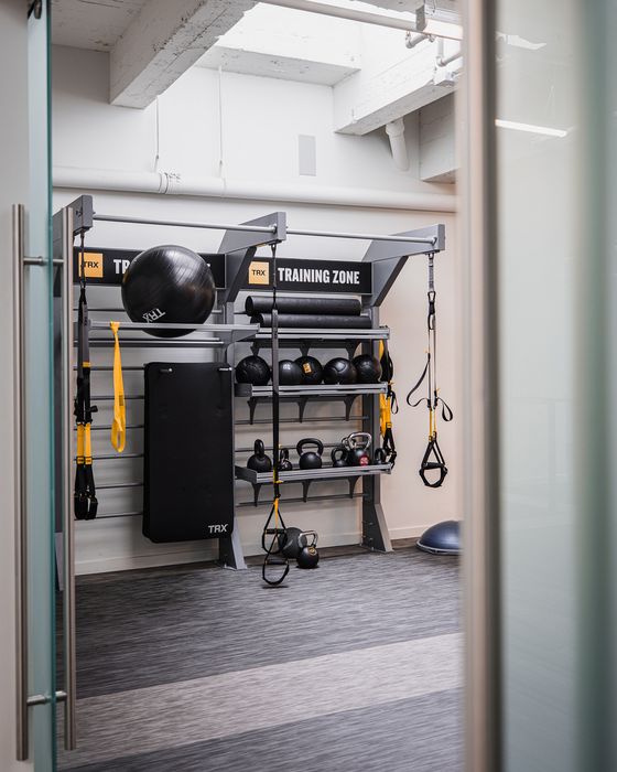 Modern gym room with TRX training zone and stylish equipment setup for optimal workouts.