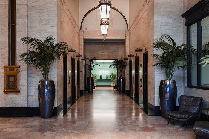 Elegant apartment lobby with luxurious marble flooring, stylish lighting, and potted plants creating a welcoming ambiance.